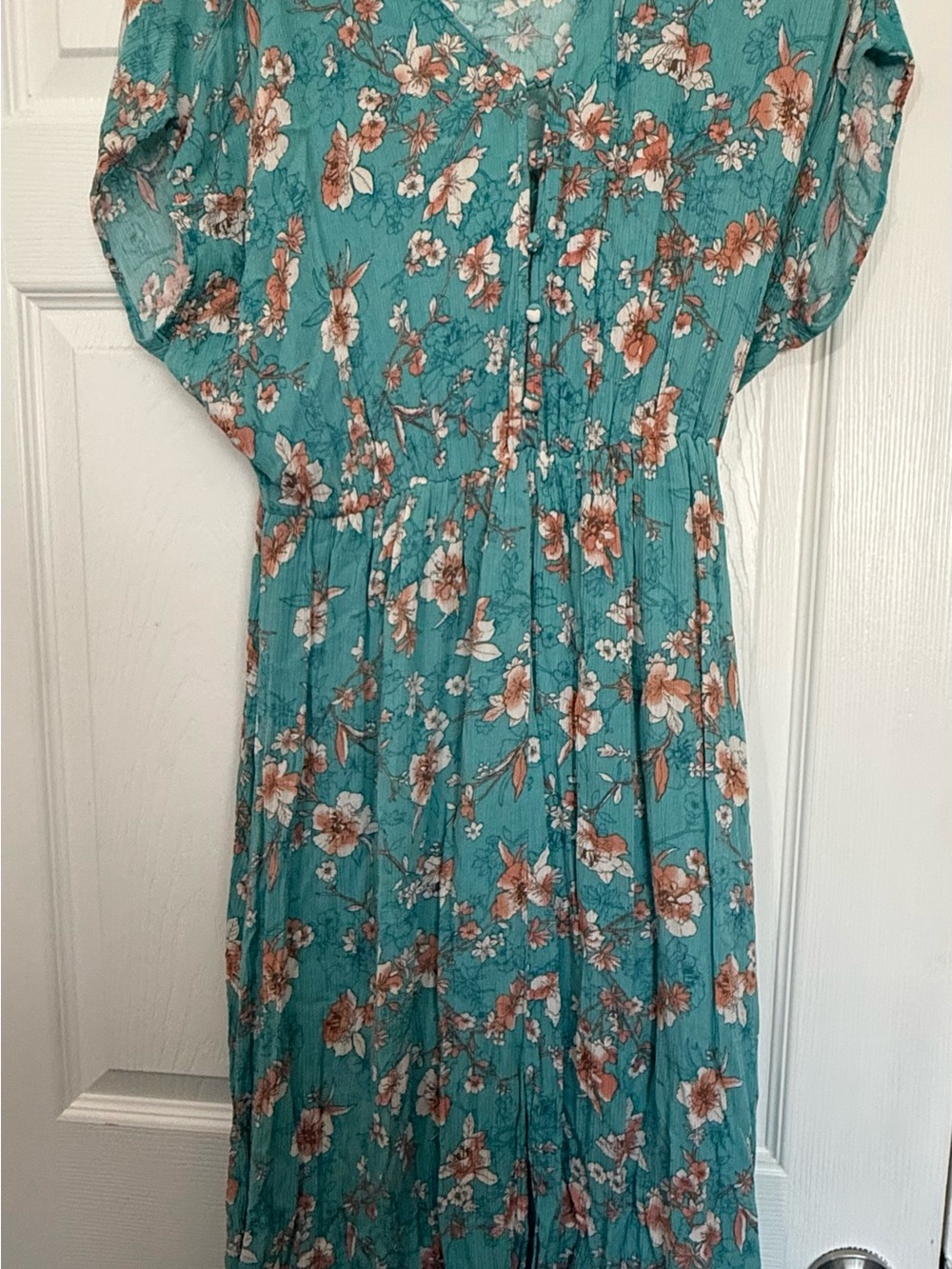 bobeau Teal Floral Button-Front Maxi Dress